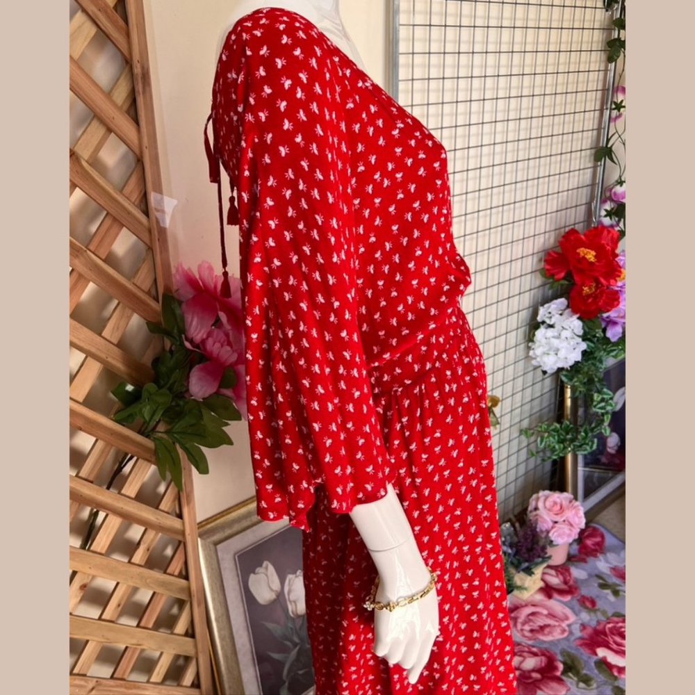 Stella Dress 12AU Red White Wrap Tie Waist leaves patterns V-Neck 3/4 Sleeves - Picture 6 of 10